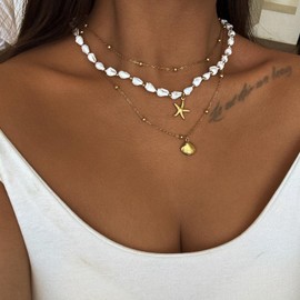 CYSPZMD Seashell Necklace for Women,Summer Shell Necklace Outfits Adjustable Layered Sea Shell Charm Necklaces Beach Vacation Essentials Holiday Jewelry