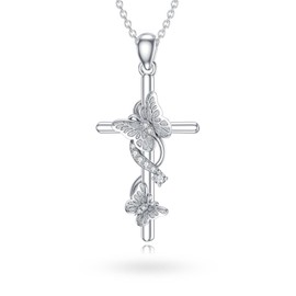 BHUBREA 1/28 Carat Butterfly Cross Diamond Necklace for Women 925 Sterling Sliver 18K White Gold Plated Religious Cross Pendant Diamond Jewelry