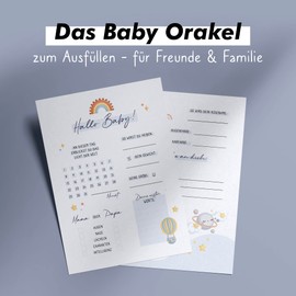 The holy fox® Babyshower Guessing Game - Cards with Rainbow in Light Blue to Fill in - Baby Tips for Baby Shower & Gender Reveal Celebration