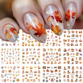 Fall Nail Art Stickers Decals Thanksgiving Day Water Transfer Fall Leaf Nail Decals Maple Leaf Pumpkins Squirrels Nail Design Autumn Nail Stickers Cute Nail Art Supplies for Women Nail Decorations