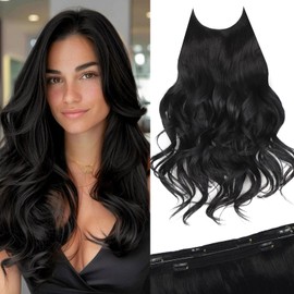 Vigorous Invisible Wire Hair Extensions 6 Clips Black Hair Extension for Women 20 Inch Layered Synthetic Long Wavy Hairpieces with Transparent Headband Adjustable Size