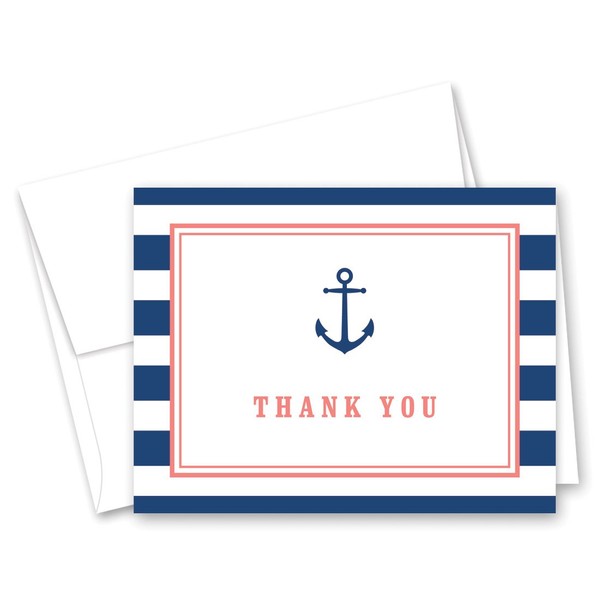 50 Cnt Nautical Thank You Cards - Navy Coral Anchor