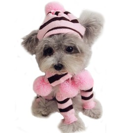 ANIAC 6 PCS Winter Knitted Dog Hat Scarf and Leg Warmer Set Puppy Warm knitting Hat with Ear Holes Pet Pompom Cap & Collar Christmas Costume Suit for Cats Small Dogs (Small, Pink)