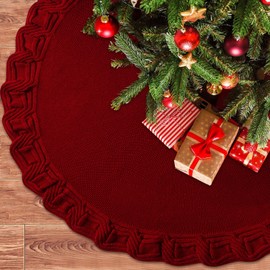 Weldomcor Red Knitted Christmas Tree Skirt 48 Inches Vintage Xmas Tree Skirt, Large Boho Knit Burgundy Under Tree Rug Skirt Rustic Farmhouse Decorations for New Year Holiday Party Indoor Home Decor