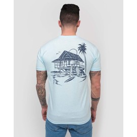 INTO THE AM Beach Bungalow Graphic Tee for Men - Short Sleeve Design T-Shirts (Light Blue, X-Large)