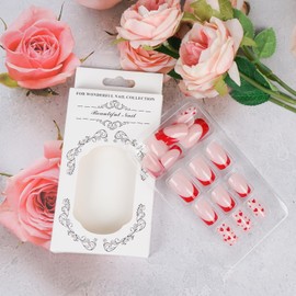 Lomxene Valentine's Day Press on Nails Medium Square Fake Nails French Tips Press on Nails Red Heart with Designs Full Cover Valentine's Day Acrylic Nails False Nails for Women 24Pcs