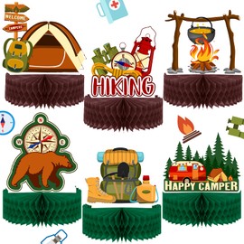 6 Pieces Happy Camping Honeycomb Centerpieces Camping Adventure Bears Sign Camping Theme Cakes Balls Table Toppers for Kids Birthday Photo Props Ideas 3D Table Decorations, 7.5 x 8.6 Inch