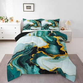 Abstract Marble Comforter Set Full Size,Luxury Stone Texture Modern Artwork Bedding Set,Boys Girls Adults Room Decor,Golden Sequins Dreamy Down Comforter,Green Unique Duvet Insert,2 Pillowcases