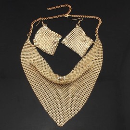 COLORFUL BLING Thick Sequins Tassel Choker Necklace Chunky Fringe Pyramid Bib Stetement Necklace Sequins Collar with Tassel Earrings Jewelry Set-Gold