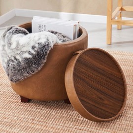 Ornavo Home Lawrence Round Storage Ottoman with Lift Off Lid and Tray Lid Coffee Table, Ottoman with Storage for Living Room, Bedroom and Office, Faux Leather Mocha