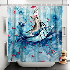 Funny Shower Curtain Cat Riding Whale Shower Curtains Cute Animal Kids Shower Curtain Sets Blue Sea Biology Bathroom Decor with Hooks Polyester Fabric Shower Curtain Waterproof Christmas 72x72 inches