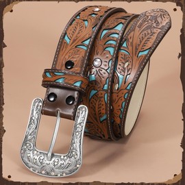 XZQTIVE Women Western Leather Belt Vintage Ladies Western Belt Engraved Tooled Leather Belt Cowgirl Country Belt, S, Turquoise