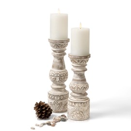 Kurrajong Farmhouse Farmhouse Candle Stands - Set of 2 Tall Candle Holders | Decorative Wood Candle Holders Set | 10" and 12" high | White Washed Candle Holders for Table Centre Piece