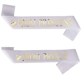 Prom Prince Band and Prom Princess Sashes for Men Women Boys Girls Graduation School Party Homecoming Accessories, White with Gold Print