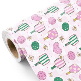 WRAPAHOLIC Preppy Pink Pickleball Wrapping Paper - Mini Roll - 17 Inch x 9.8 Feet - Pink Picklebal Paddle Girl Wrapping Paper Perfect for Girls Birthday, Sports Party, Coach Gift