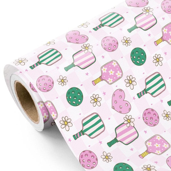 WRAPAHOLIC Preppy Pink Pickleball Wrapping Paper - Mini Roll -
