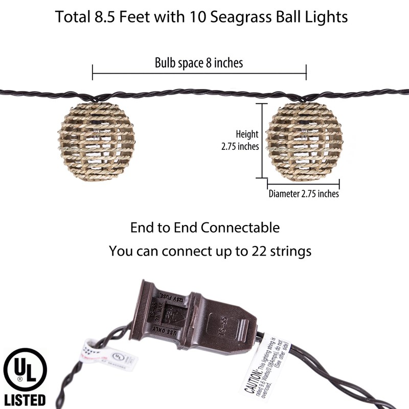 Decorative Outdoor Patio String Lights, Seagrass Rattan Wire Ball Style