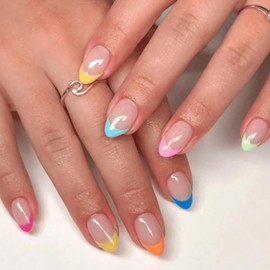 24Pcs French Tip False Nails Almond, Colourful Macarons Press on Nails Short, Elegant Spring Summer Acrylic Fake Nails with Glue Stickers, Removable Natural Stick on Nail for Women Daily Wear