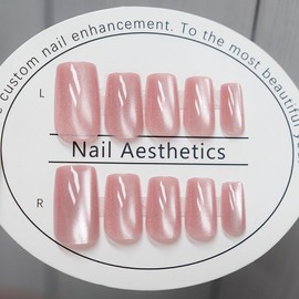 TOGZOM Pink Press On Nails Short Square Fake Nails Cat Eye False Nails with Designs Glossy Glitter Glue on Nails Nude Gel Polished Reusable Artificial Stick on Nails for Women 24Pcs