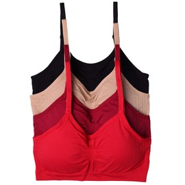 Kalon 4 Pack Nylon Spandex Removable Pads Comfort Bras Ext Sizes (M/L, Red Basics)