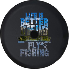 Funny Spare Tire Wheel Cover for Camper SUV Trailer Truck RV JP Thick PVC Leather | River Fly Fishing Black 33 Inch with Backup Camera Hole