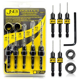 JNB Pro Wood Countersink Drill Bit Set, 5PC #4 (7/64") #6 (9/64") #8 (11/164") #10 (3/16") and #12 (7/32") Avellanador para Madera with Adjustable Stop Collar & Hex Wrench - Tapered Drill Bits