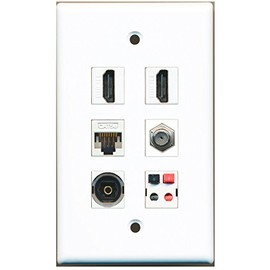 RiteAV - 2 HDMI 1 Port Coax Cable TV- F-Type 1 Port Toslink 1 Port Cat5e Ethernet White 1 Port Speaker Wall Plate