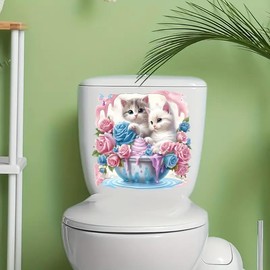 Contemporary Style Cute Cats & Floral Bouquet Toilet Cover Sticker Decals,Fish Bird Flower Leaf Waterproof Toilet Lid Tank Seat Decals Cistern Self-Adhesive Bathroom Wall Sticker
