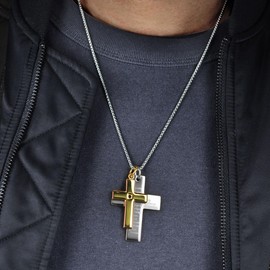 Metro Jewelry Serenity Prayer Double Cross Pendant Necklace with Black Cubic Zirconia in Stainless Steel with Gold Ion Plating on 24 Inches Long Box Chain