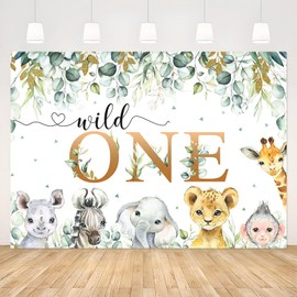 APROPHIC Wild One Backdrop, Jungle Animal First Birthday Banner Photo Backdrop, Green Eucalyptus Leaves Gold Wild One 1st Birthday Banner Party Decoration Supplies 210x150cm