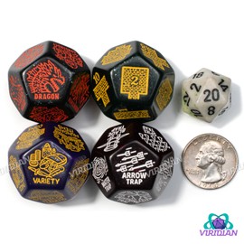 DND Generator/Randomization Dice Set (4) Jumbo D12 Dice | Create: Monster Type, Treasure, Dungeon Layout, Traps | Dungeons and Dragons Dungeon and Game Masters (DM/GM) (Sparkly)