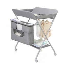 Portable Baby Changing Station with Adjustable Height - Foldable Diaper Table with Wheels,Waterproof Pad, Safety Belt & Large Storage Racks, Ideal for Newborn and Infants (Light Grey)
