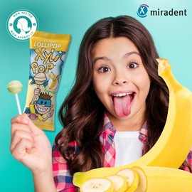 miradent XyliPOP® Banana Bonboniere 25 x 6 g Individually Packed Sugar-Free Lollipop Sweetened with Xylitol Dental Mineralising Fruity Flavour Without Aspartame, Sorbitol, Lactose, Gluten Vegan