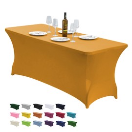 CWK 6FT Stretch Spandex Table Cover for Rectangular Tables - Elastic Fitted Tablecloth for Folding Tables, Wrinkle Resistant, Durable Table Protector for Parties, Weddings, Banquets & Events(Gold)