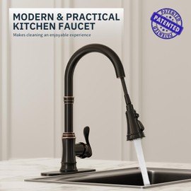 BWE Solid Brass Kitchen Faucet, Oil Rubbed Bronze Kitchen Sink Faucet with Pull Down Sprayer, 3 Spray Modes, Single Handle High Arc, with Deck Plate, Commercial/Farmhouse/Bar Sink Faucet