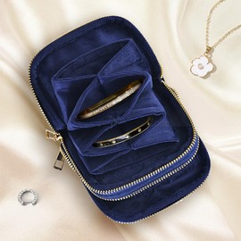 EHERDM Jewelry Organizer Bag for Travel Portable Jewelry Pouch with Zipper Multi-Pockets Soft Velvet Storage Case for Necklaces Earrings Rings Bracelets Watch Straps Blue