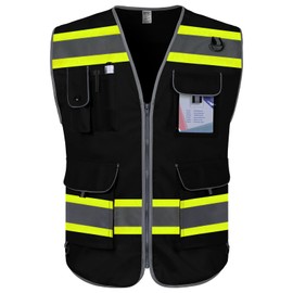 TCCFCCT Safety Vest for Men Women 9 Pockets High Visibility Vest with Fluorescent Yellow Extend Edge, Reflective Work Vest for Surveyor, Durable & Breathable, Meets ANSI/ISEA, (DB-Black, Large)