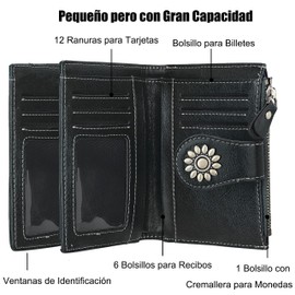 Cartera Mujer, Corto Billeteras de Piel con Cremallera, Monedero Pequeño con Bloqueo RFID, Tarjetero con Ranuras de Identificación, Carteras de Dama para Dinero en Efectivo y Monedas y Tarjetas-Negro