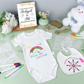 Pydeeirom 151 Pcs Baby Shower Game Decorations Kit with Bibs, Bodysuits, Wooden Sign & Fabric Markers (GoldenLeaves)