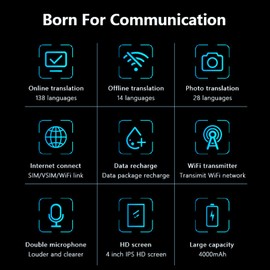 Dispositivo Traductor de Idiomas, Intérprete de Voz Instantáneo Bidireccional Portátil 138 Idiomas en Tiempo Real, con Bluetooth, Pantalla Táctil de 4.0", Compatible con Voz Y Fotos, en Línea o Fuera