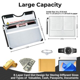 Jsngbse 6200°F Fireproof Document Bag with Lock, 15x 11.8 Inch Fire Proof Bag for Documents, Fire Proof Money Bags Envelope with Reflective Strip, Water Resistant Fireproof Pouch with Zipper Silver