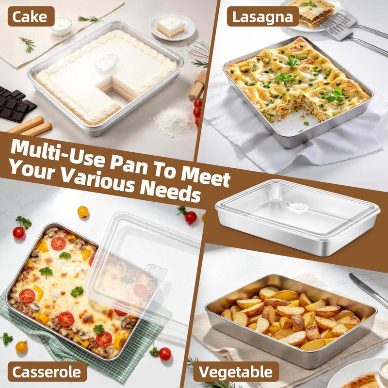TeamFar Stainless Steel Lasagna Pan with Lid, 12.4x9.8x2 Inch Baking