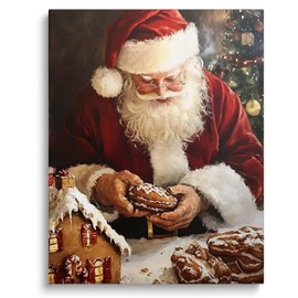 Christmas Santa Claus Canvas Wall Art Decor - Santa Baking Gingerbread in Holiday Scene, Festive Santa Artwork for Kitchen Decor, 16X20 inch Charming Christmas Wall Decoration, Ideal Winter Decor