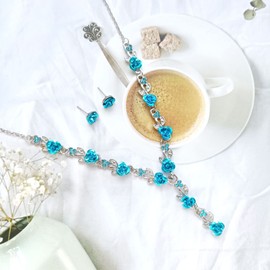 Rose Flower Necklace Earrings Set Crystal Bridal Flower Pendant Necklace Chain Floral Wedding Jewelry for Women Girls Bride Bridesmaids (Blue)