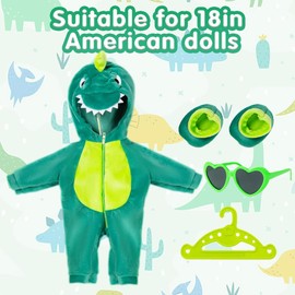 Green Dinosaur Baby Doll Clothing with Hhanger,Sunglasses and Socks,Born Baby Doll Clothes Outfits, Doll Clothes Onesie for 13-18 Inch Doll,Gift for Boy and Girl (No Doll)