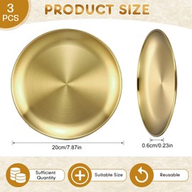 GZqiancang Pack of 3 Gold Trays, Round, Stainless Steel Gold Plates, Decorative Tray Gold for Camping, Kitchen, Candles, Jewellery, Makeup, Keys, Table Decoration (20 cm)