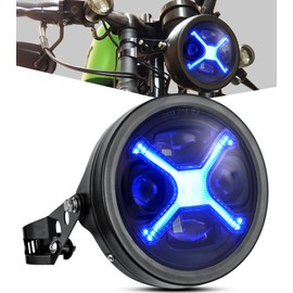 Motorcycle 5-3/4 5.75" LED Headlight with Housing Bucket Smoke X-Style Blue DRL Compatible with Shadow Buell Blast Cafe Racer Cruiser Motorbikes