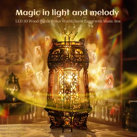 FUNPOLA LED 3D Wood Puzzle Poker World Projector Lamp – DIY Craft Kit with LED Lights and Music Box – Creative Poker-Themed Lamp, Nightlight Gift for Home Décor (Black Walnut)