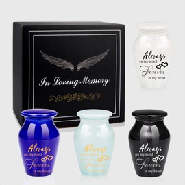 4pcs Small Urns for Human Ashes Always On My Mind Forever in My Heart Cremation Urns for Ashes Memorial Keepsake Urns-Premium Box & Spoon Included Sharing Funeral Urn