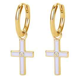 Flongo Hoop Cross Earrings for Women: White Gold Enamel Pendant 925 Sterling Silver Hypoallergenic Huggie Small Preppy Dainty Dangle Earrings Stainless Steel Jewellery Gift for Girls Ladies